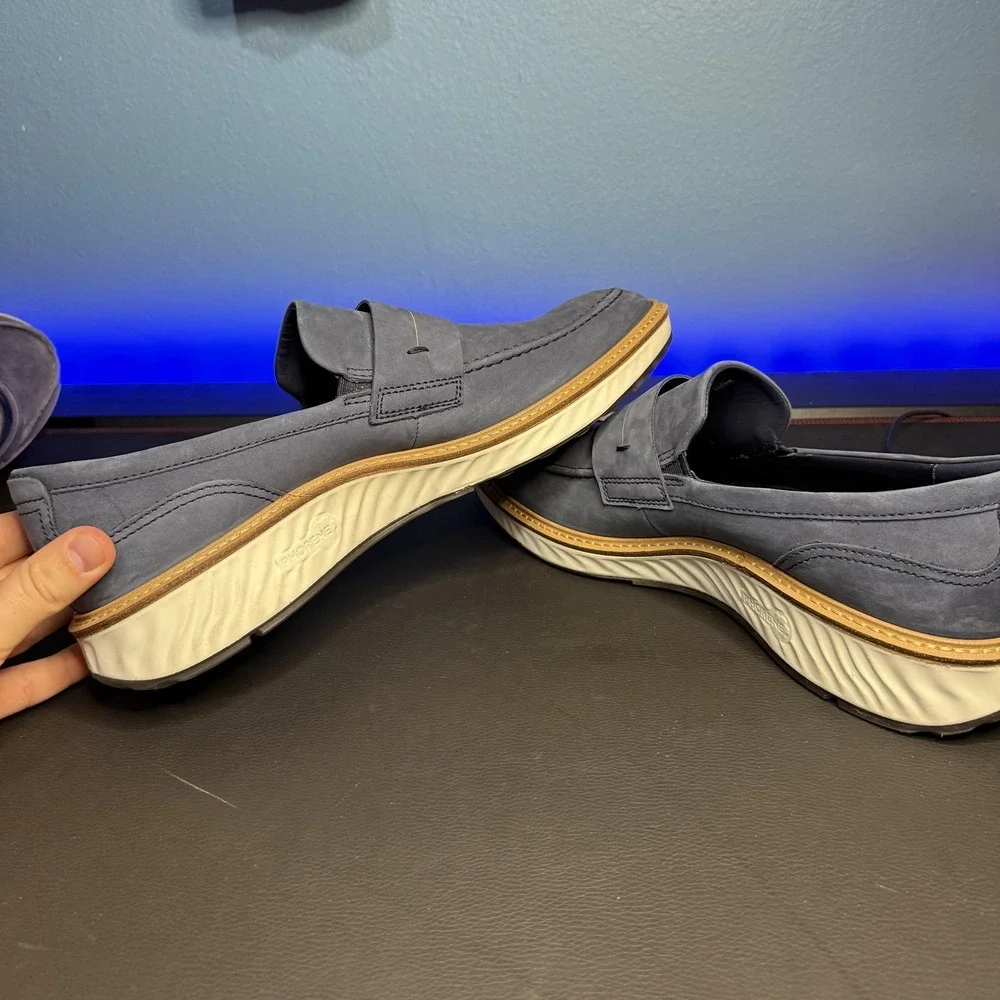 Ecco Men's Blue Suede Penny Loafers with White Sole and Tan Trim